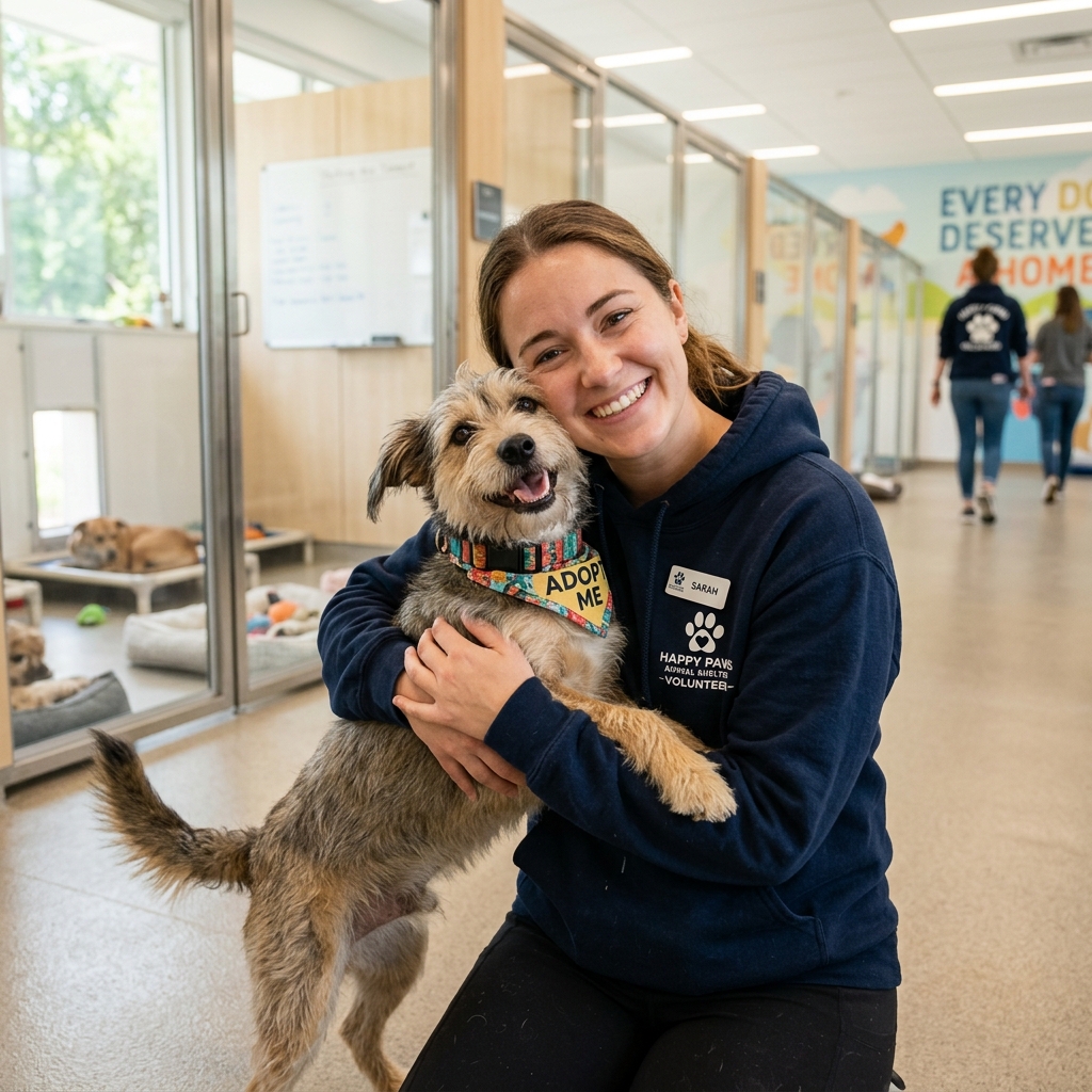 Shelter volunteer hugging dog
